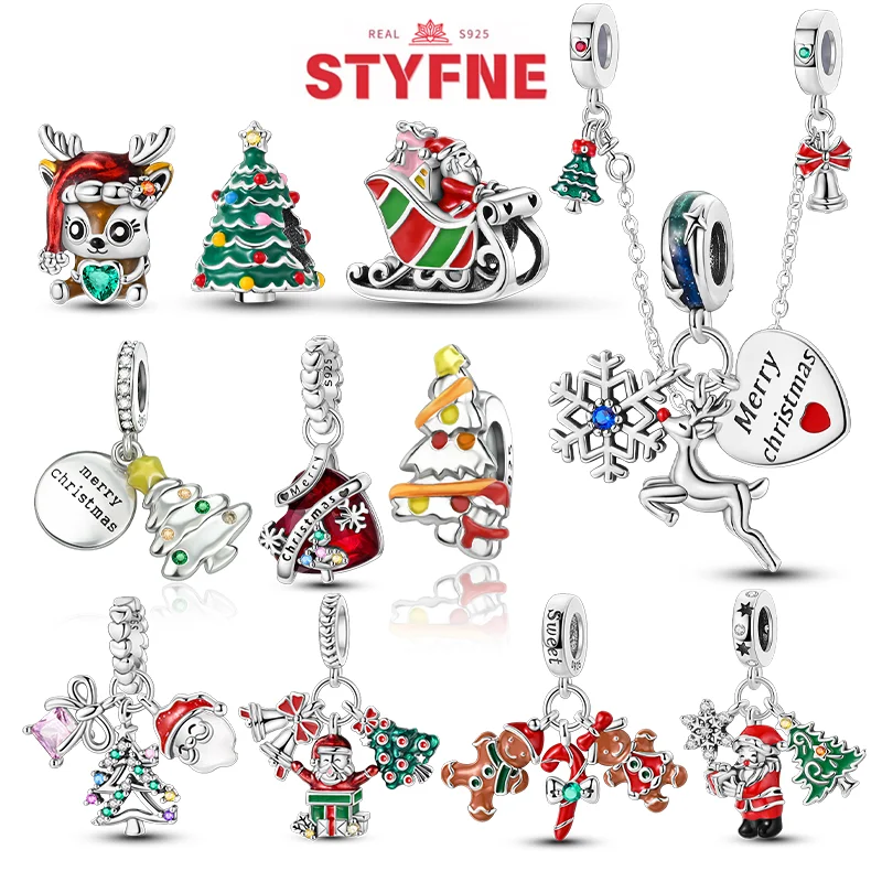 Elk Bugle Call - 女性用クリスマスサンタクロースビーズチャーム、エルク、スノーフレーク、ベル、スノーマン、925シルバー、オリジナルブレスレット、DIYジュエリー、ギフトに適合