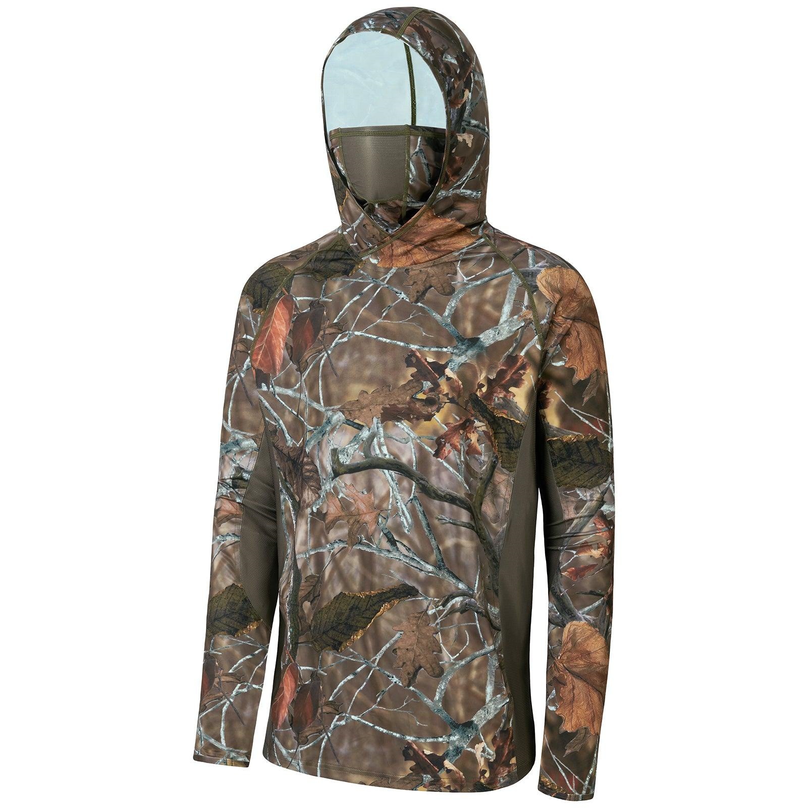 Outdoor Hunting Prints - アウトドアメンズ 3Dリーフカモプリント フード付きシャツ 内蔵フェイスマスク 日焼け防止 ハンティング
